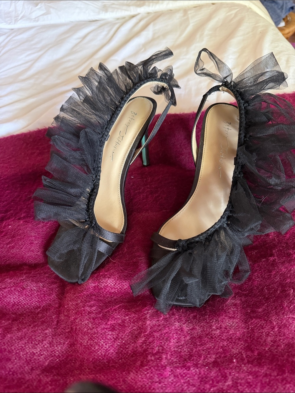 Betsey Johnson Black Tulle Ruffle Slingback Heels